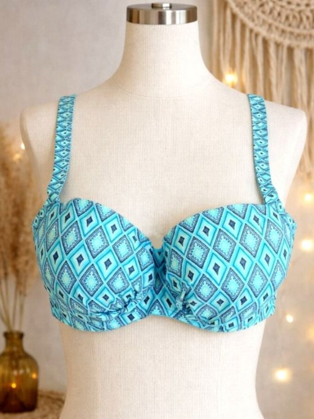 Curvy Kate Turquoise Geometric Balcony Padded Bikini Top 34FF Boho Beachwear